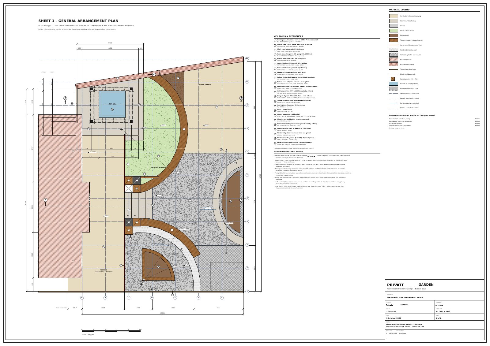 General arrangement plan at 1:50 scale showing levels, materials and dimensions