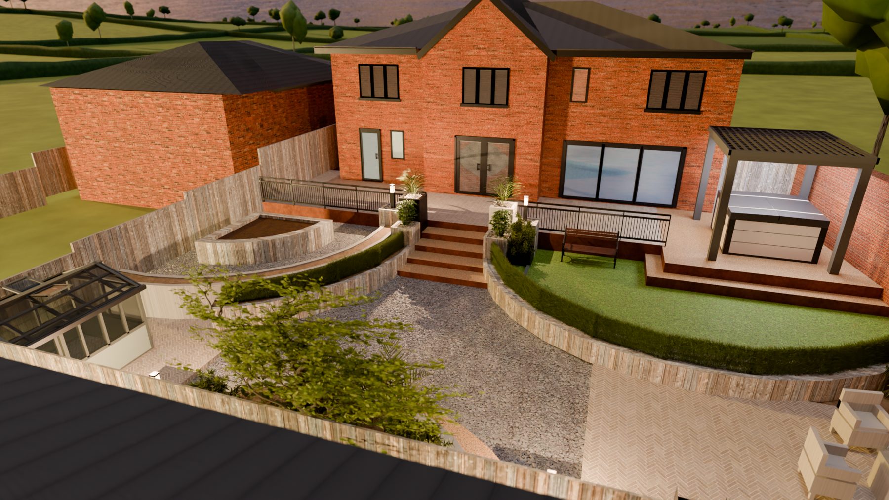 3D view of a multi-level private garden with terrace, pergola, gravel and lawn